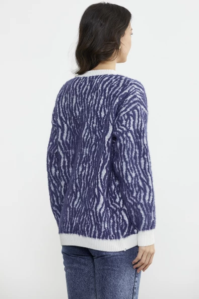 Renk Kombinli Yumoş Triko Hırka - Indigo - Resim 4