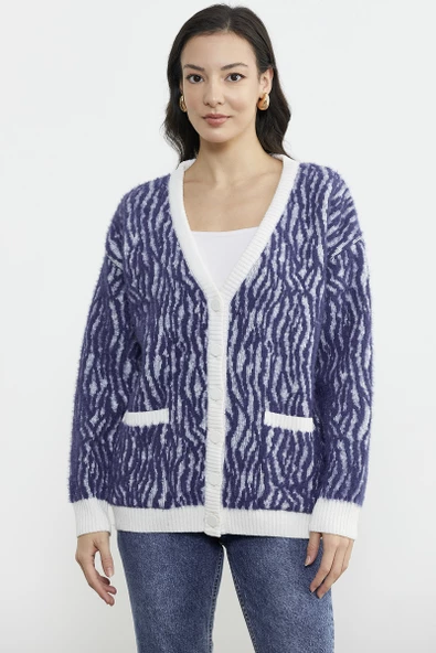 Renk Kombinli Yumoş Triko Hırka - Indigo - Resim 2