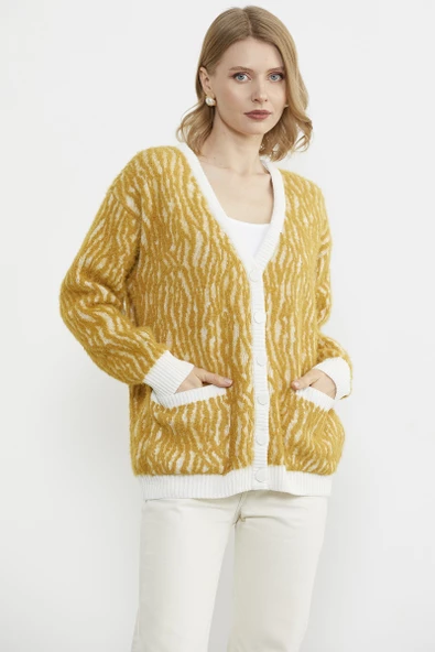 Renk Kombinli Yumoş Triko Hırka - Hardal - Resim 2