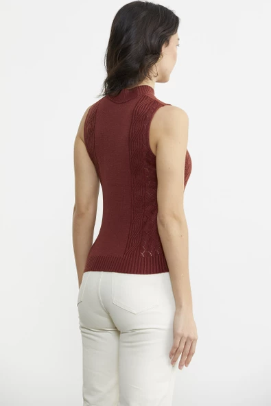 Motifli Dik Yaka Triko Süveter - Kiremit - Resim 5