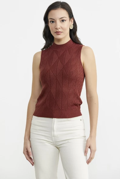 Motifli Dik Yaka Triko Süveter - Kiremit ürün görseli 1