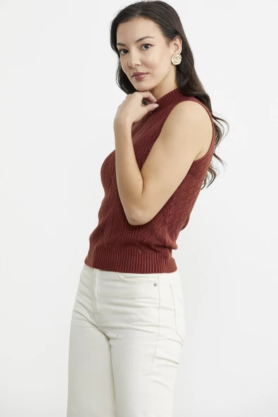 Motifli Dik Yaka Triko Süveter - Kiremit - Resim 4