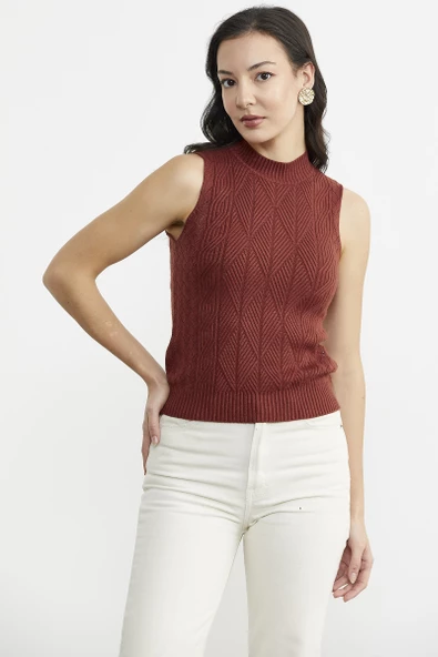 Motifli Dik Yaka Triko Süveter - Kiremit - Resim 2