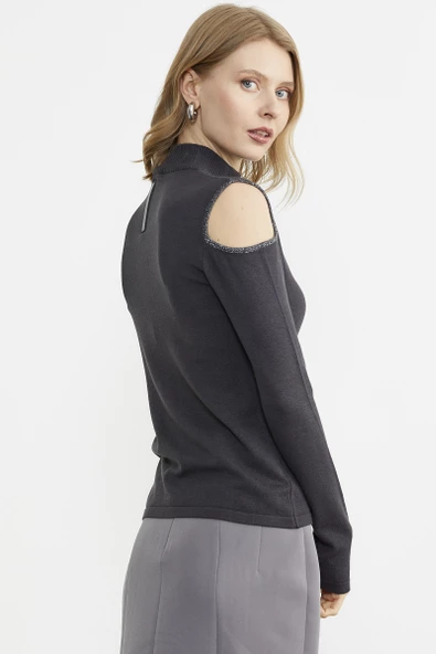 Omuzları Açık Triko Kazak - Antrasit - Resim 4
