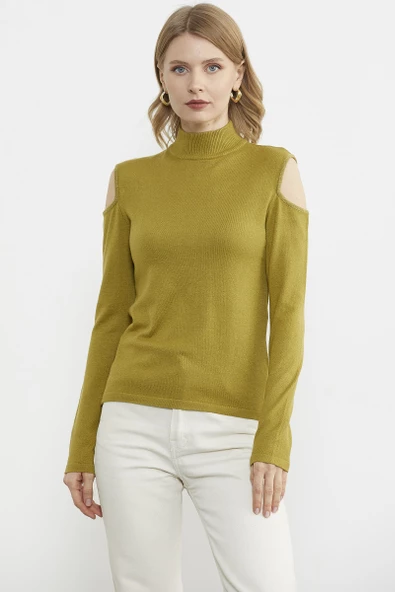 Omuzları Açık Triko Kazak - Yeşil - 2