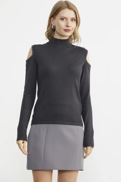 Omuzları Açık Triko Kazak - Antrasit ürün görseli