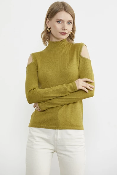 Omuzları Açık Triko Kazak - Yeşil - 4