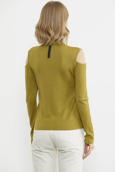 Omuzları Açık Triko Kazak - Yeşil - 5