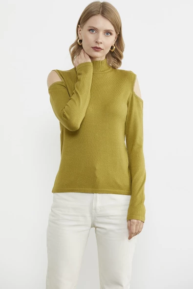 Omuzları Açık Triko Kazak - Yeşil - 3