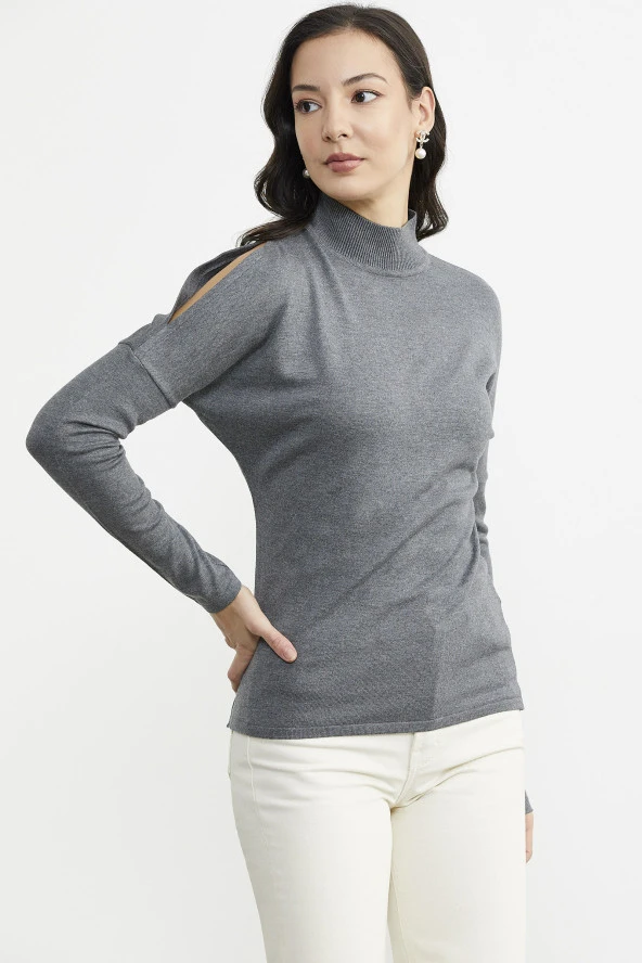 Omuz Detaylı Triko Kazak - Koyu Gri - Resim 3