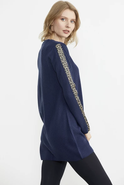 Leopar Şeritli Triko Tunik - Lacivert - 4
