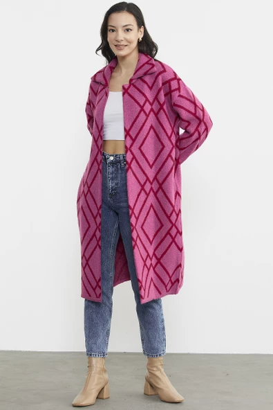 Desenli Uzun Triko Ceket - Fuşya - 3