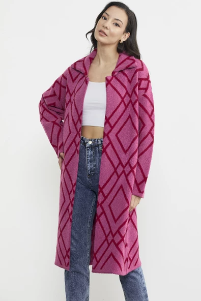 Desenli Uzun Triko Ceket - Fuşya - 5