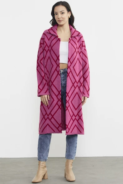 Desenli Uzun Triko Ceket - Fuşya - 6