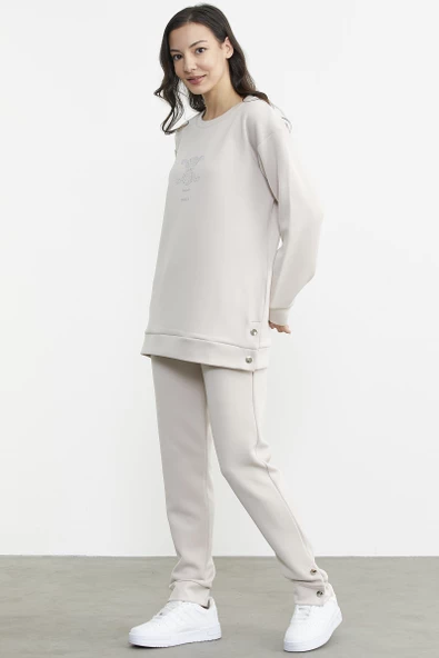 Taş Detaylı Rahat Kalıp Eşofman Takım - Taş - Resim 3