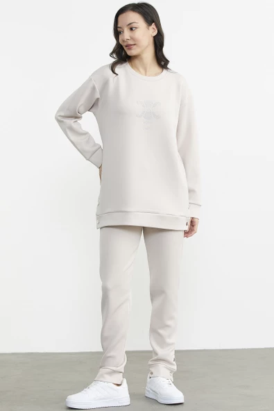 Taş Detaylı Rahat Kalıp Eşofman Takım - Taş - Resim 4