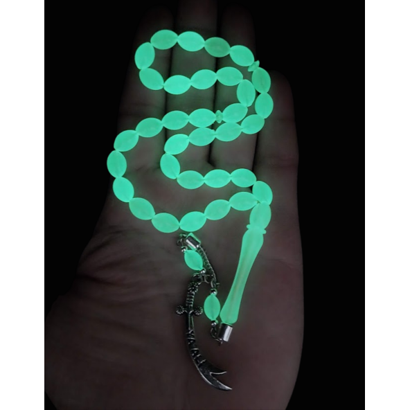 Kedi Gözü Tesbih,Karanlıkta Parlayan Gece Yanan Fosforlu Tespih,metal Püskül Zülfikar Kılıç Modeli - 2