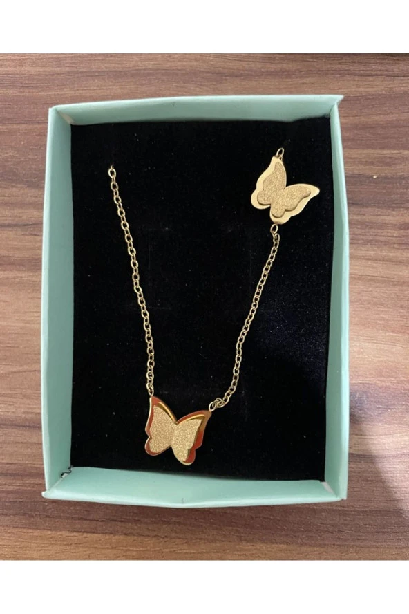 Gold Renk Çelik İkili Simli Kelebek Kolye
