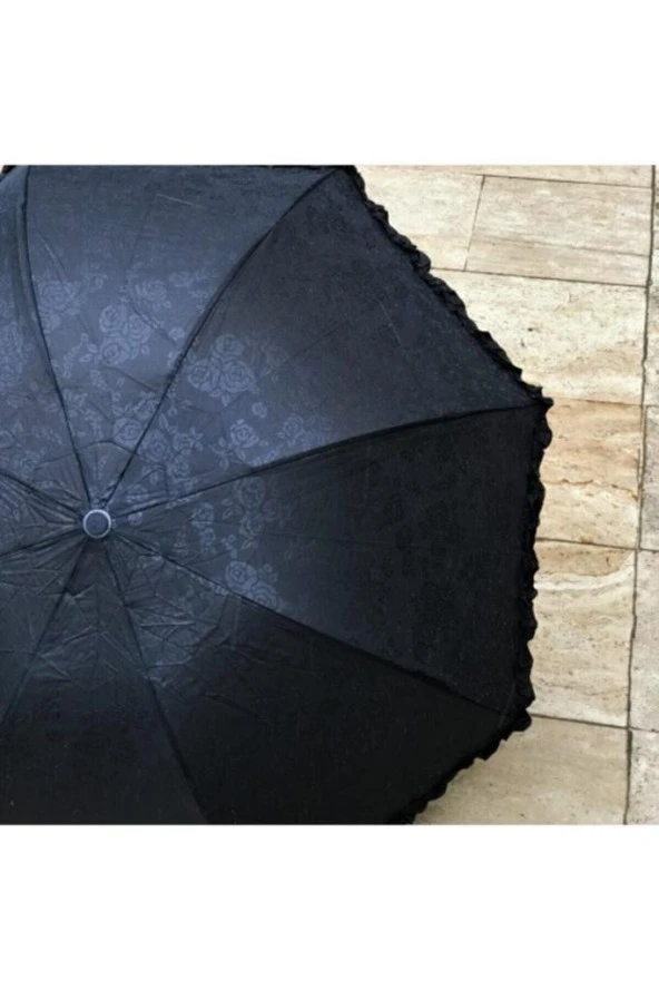 Siyah Çiçek Desenli Şemsiye - Resim 2