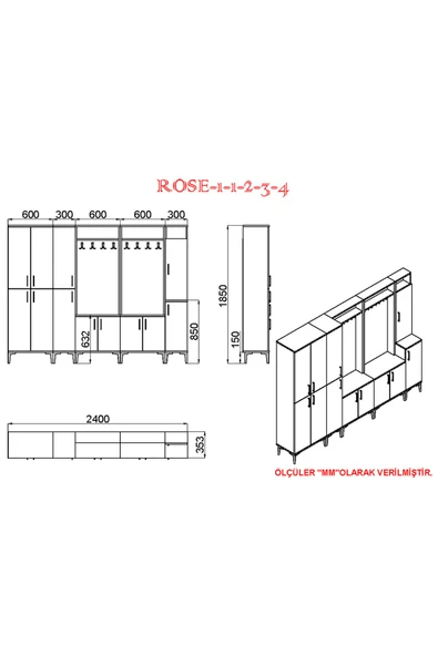 Kalender Dekor Rose-1-1-2-3-4 Portmanto Vestiyer Ayakkabılık - Resim 5