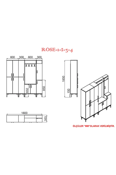 Kalender Dekor Rose-1-2-3-4 Portmanto Vestiyer Ayakkabılık - Resim 6