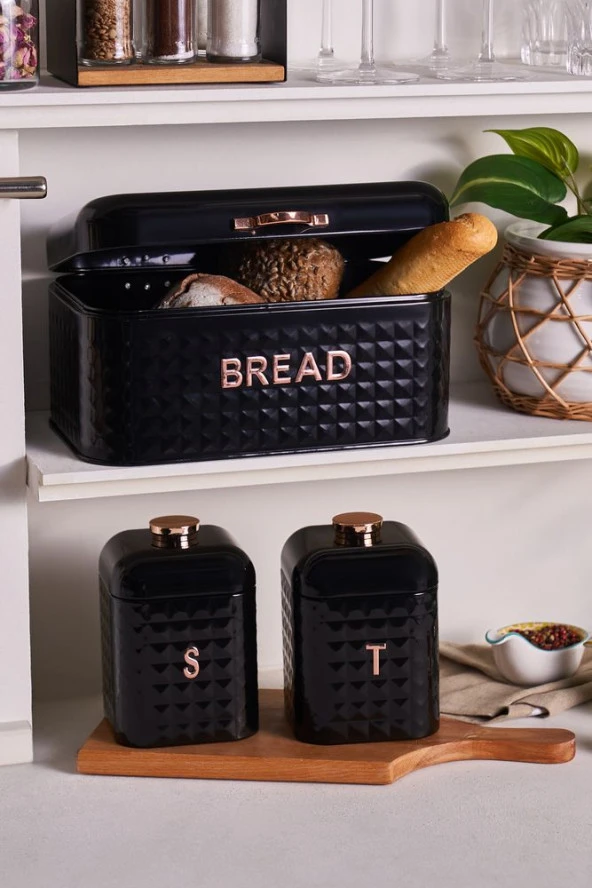 Elmas Karbon Çelik Ekmek Kutusu Saklama Kabı Hediyeli Siyah