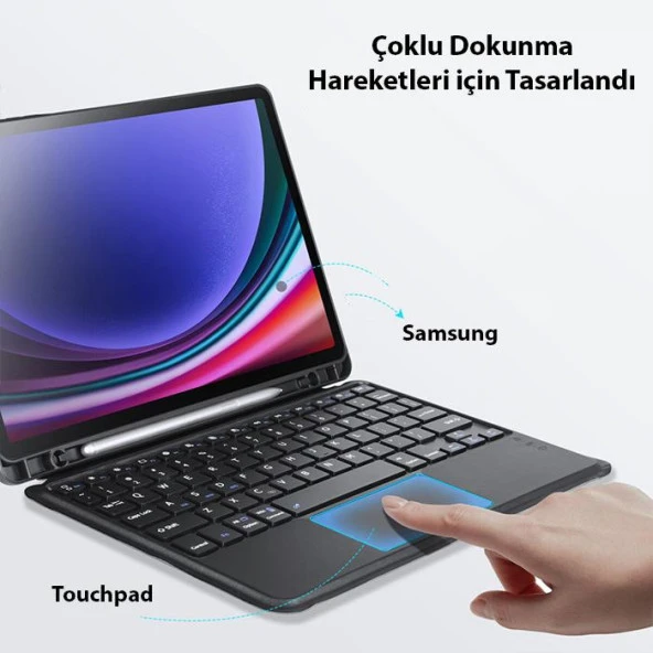 Coofbe 3in1 Samsung Tab S9 X710-X716B Kablosuz Bluetooth Klavye Touchpad 4 Kademe Stand Ve Manyetik Kılıf