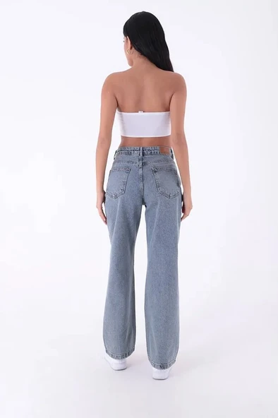 Geniş Paçalı ve Yüksek Belli Cepli Rahat Kadın Kot Pantolon Relaxed Jean Orta Mavi Tintli  Denim - 5