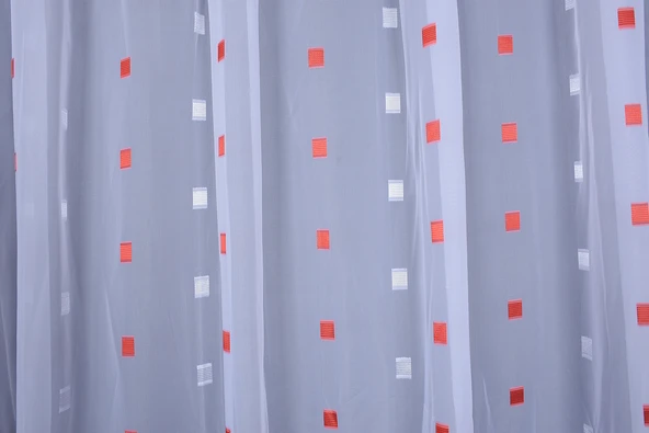 TERGAL KIRMIZI-BEYAZ KARELİ BEYAZ RENK TEK KANAT Hazır Dikilmiş Pileli Fon Perde 300*260 Cm - Resim 2