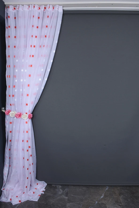 TERGAL KIRMIZI-BEYAZ KARELİ BEYAZ RENK TEK KANAT Hazır Dikilmiş Pileli Fon Perde 300*260 Cm - Resim 9