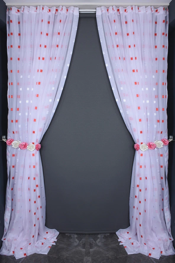 TERGAL KIRMIZI-BEYAZ KARELİ BEYAZ RENK TEK KANAT Hazır Dikilmiş Pileli Fon Perde 300*260 Cm - Resim 11