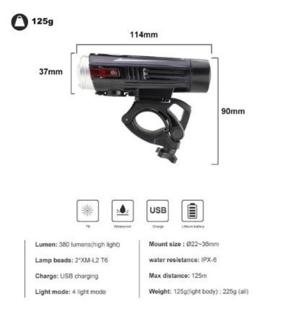 XBYC 6113 Bisiklet Ön Işık 880 Lümen 4 Modlu USB Şarjlı Ön Far Bisiklet Lambası - 5