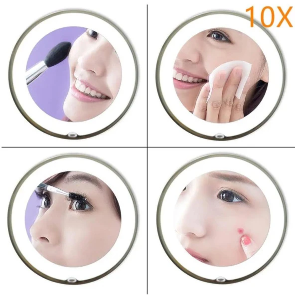 Valkyrie 10X Zoom Büyüteç LED Işıklı Esnek Makyaj Kişisel Bakım Aynası - Güçlü Vantuzlu Kavrama - 360 Flex Bağlantı - 3