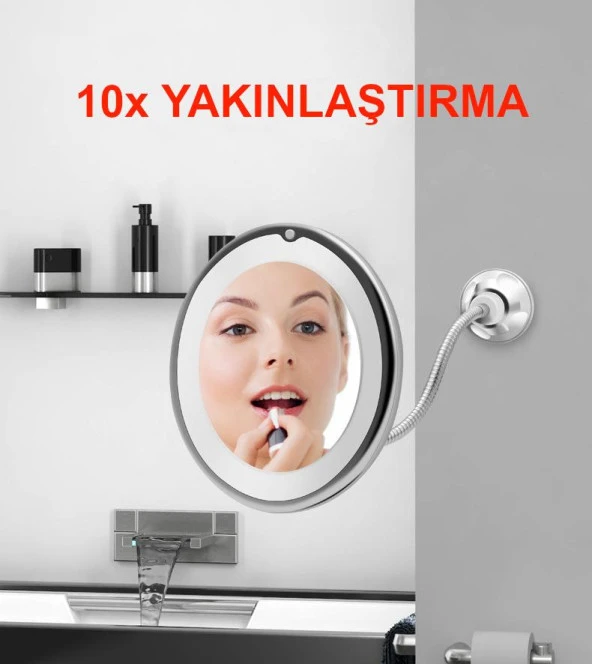 Valkyrie 10X Zoom Büyüteç LED Işıklı Esnek Makyaj Kişisel Bakım Aynası - Güçlü Vantuzlu Kavrama - 360 Flex Bağlantı - 6