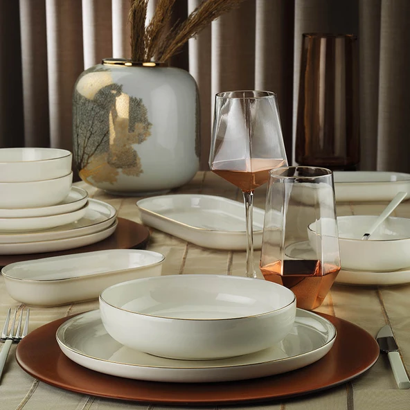Kütahya Porselen Bone Moderna 26 Parça 6 Kişilik Yemek Takımı - Altın File - Resim 2