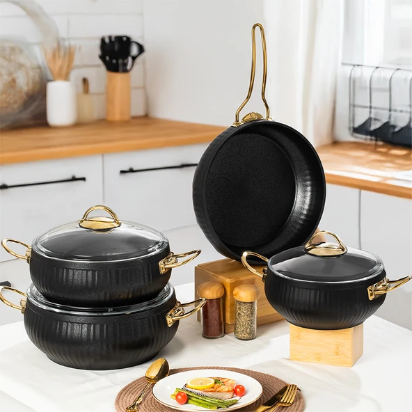 Lines TS-0002 Granit Kaplama Gold Kulp Güveç Seti - Cam Kapaklı Tencere Takımı - 7 Parça Siyah - Resim 1