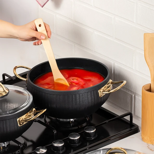 Lines TS-0002 Granit Kaplama Gold Kulp Güveç Seti - Cam Kapaklı Tencere Takımı - 7 Parça Siyah - Resim 4