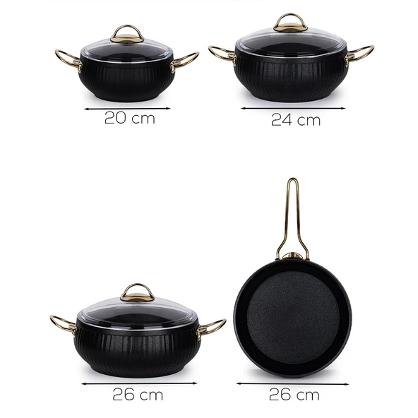 Lines TS-0002 Granit Kaplama Gold Kulp Güveç Seti - Cam Kapaklı Tencere Takımı - 7 Parça Siyah - Resim 5