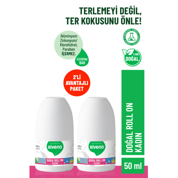 Siveno 100 Doğal Roll-On Kadın Deodorant Ter Kokusu Önleyici Bitkisel Leke Bırakmayan Vegan 50 ml X 2 Adet