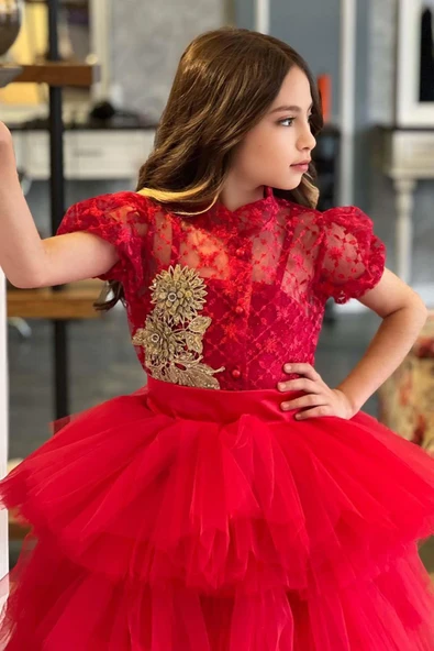 Kız Çocuk Fransız Nakış İşlemeli Gömlek ve Kat Kat Tüllü Kırmızı Etekli Takım - Resim 2