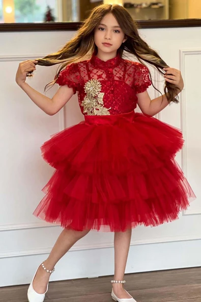 Kız Çocuk Fransız Nakış İşlemeli Gömlek ve Kat Kat Tüllü Kırmızı Etekli Takım - Resim 3