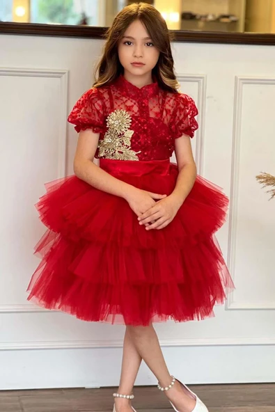 Kız Çocuk Fransız Nakış İşlemeli Gömlek ve Kat Kat Tüllü Kırmızı Etekli Takım ürün görseli