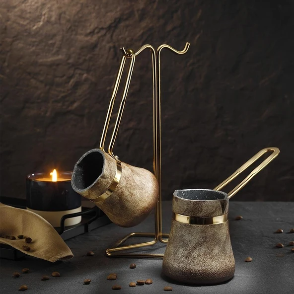 Brioni Royal Stone 3 Parça Cezve Takımı - Kaplangözü/Altın - Resim 2