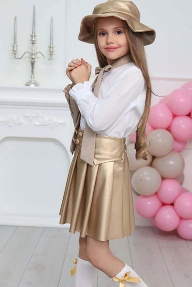 Kız Çocuk Gömlek Yaka Bağlamalı Gold Beyaz Gömlek ve Deri Etekli Takım - 4