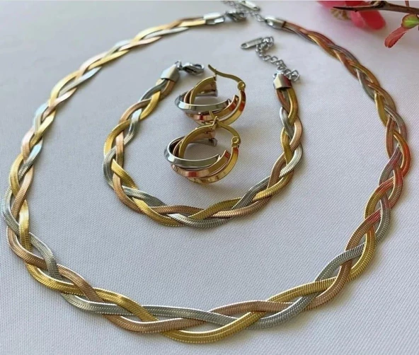 3 renkli Nostalji Çelik Takı Seti Sns500837 ürün görseli