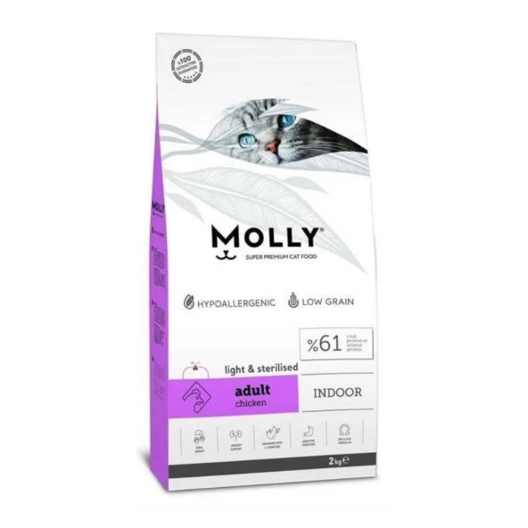 Molly Hipoalerjenik Düşük Tahıllı Light&Sterilised Tavuklu Kısırlaştırılmış Kedi Maması 2 kg