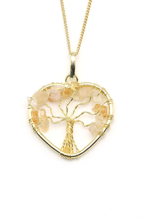 Tel Sarmalı Sitrin Doğal Taş Hayat Ağacı Kalp Model Kolye ürün görseli