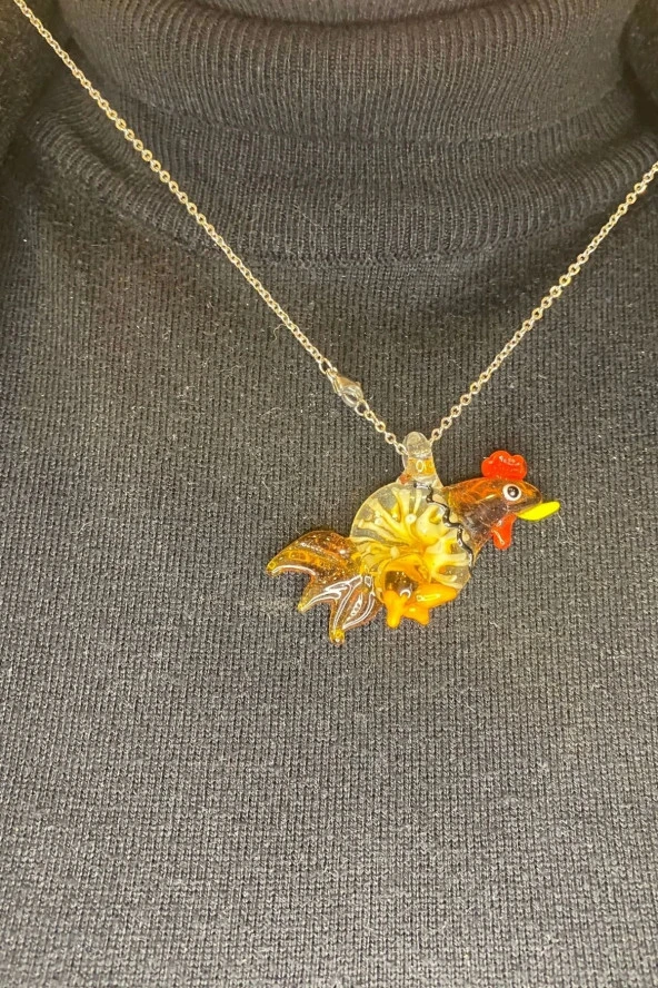 Feng Shui Ejderha Yılında Koruyucu Horoz Kolye Marone İtalyan Cam Özel Üretim Kahve - 2