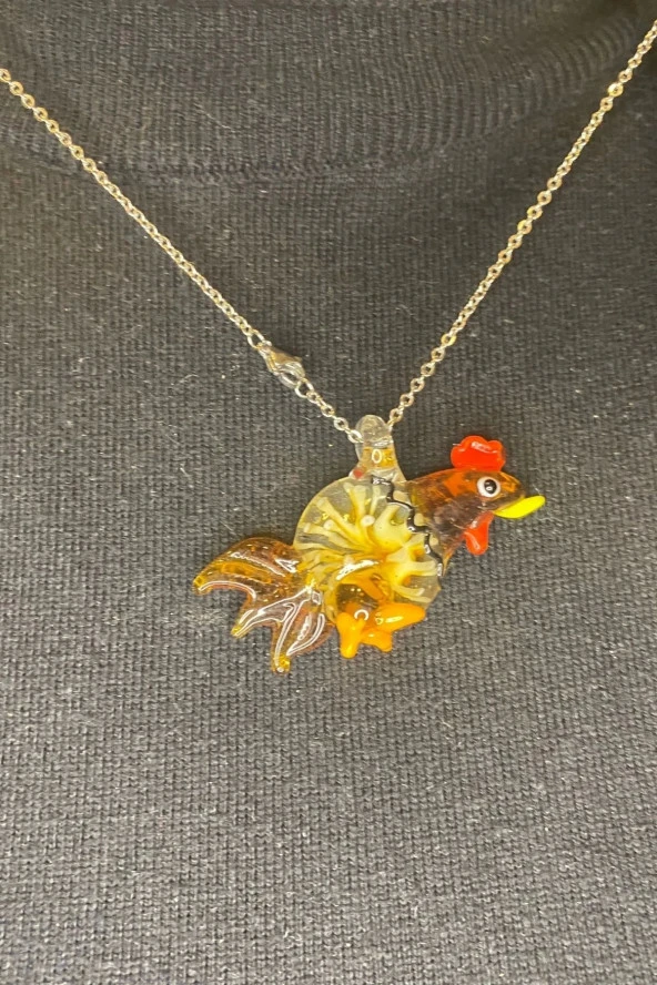 Feng Shui Ejderha Yılında Koruyucu Horoz Kolye Marone İtalyan Cam Özel Üretim Kahve - 6