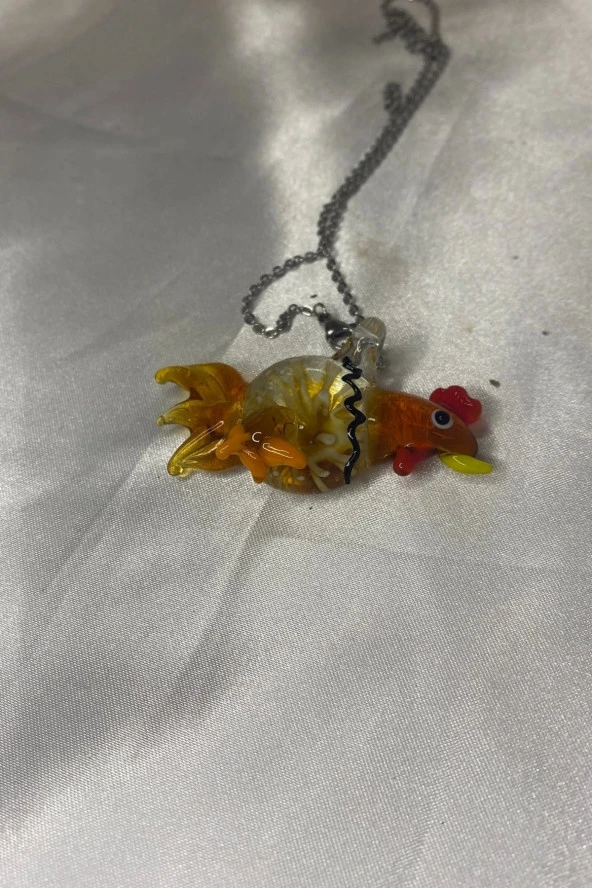 Feng Shui Ejderha Yılında Koruyucu Horoz Kolye Marone İtalyan Cam Özel Üretim Kahve - 8